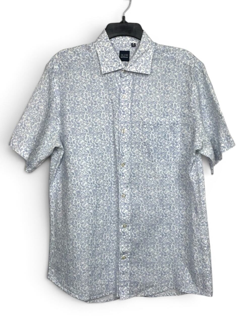 BLUE Saks Fifth Avenue Light Blue LINEN Paisley Short Sleeve Button-Down medium